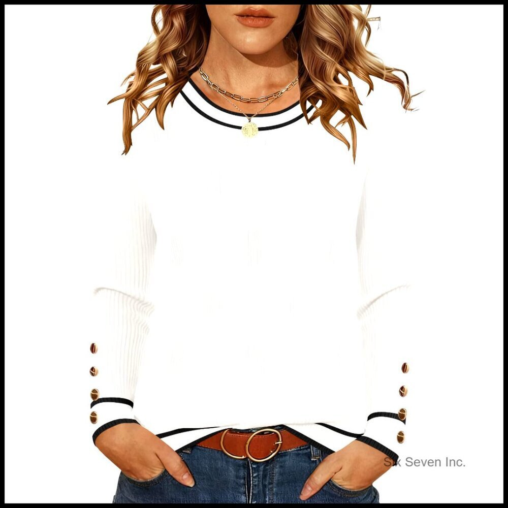 Lightweight Knit Pullover Sweater Long Sleeve Crew Neck with Decorative Buttons
